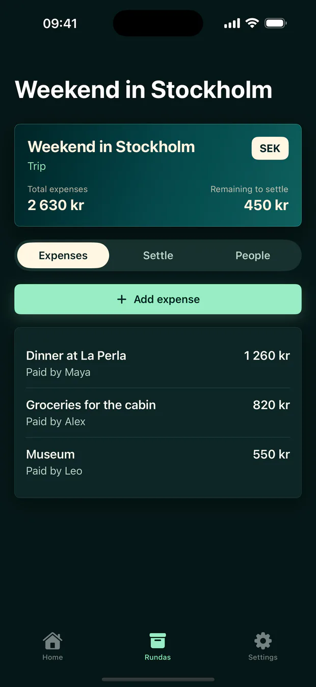 A Runda with three expenses and a calculated total