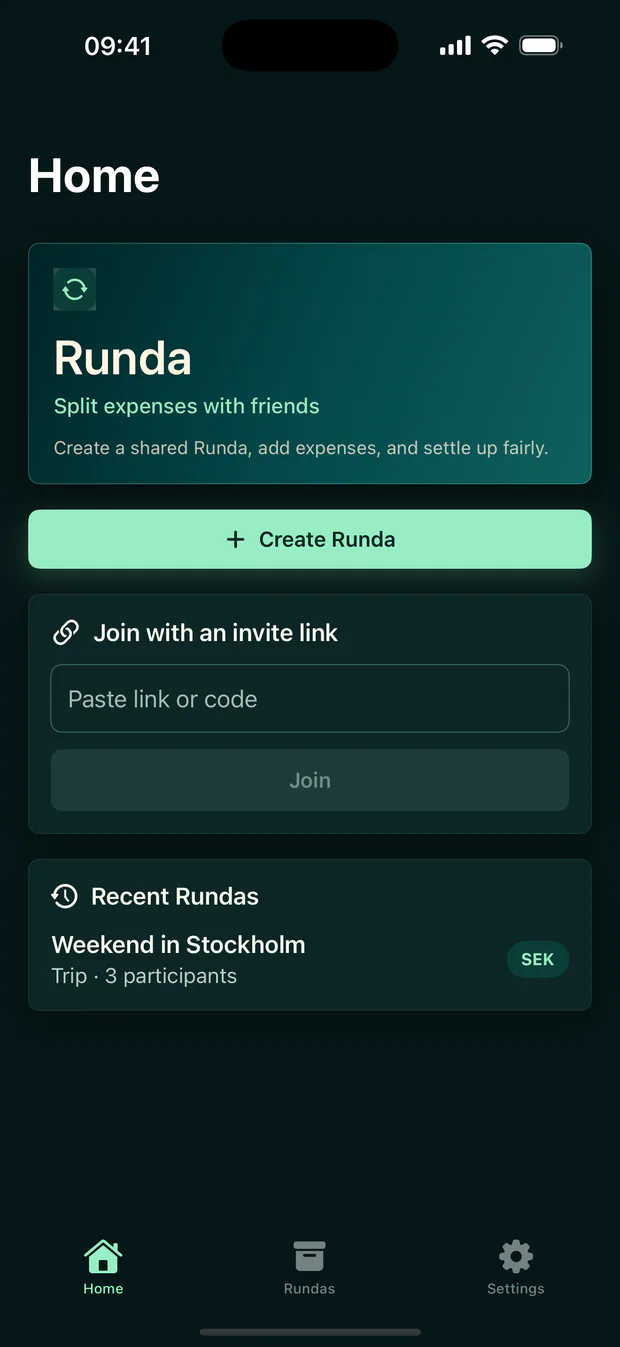 Runda Home with shortcuts and recent Rundas